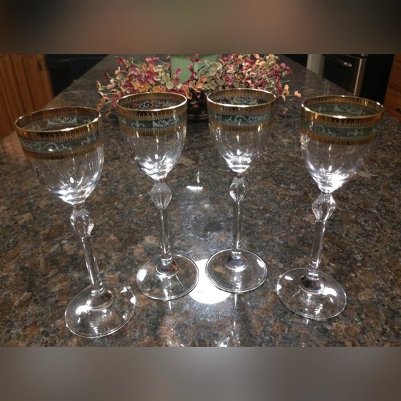Unknown Other - Set of Four Gold & Emerald Rimmed Crystal Wine/Cordial Glasses